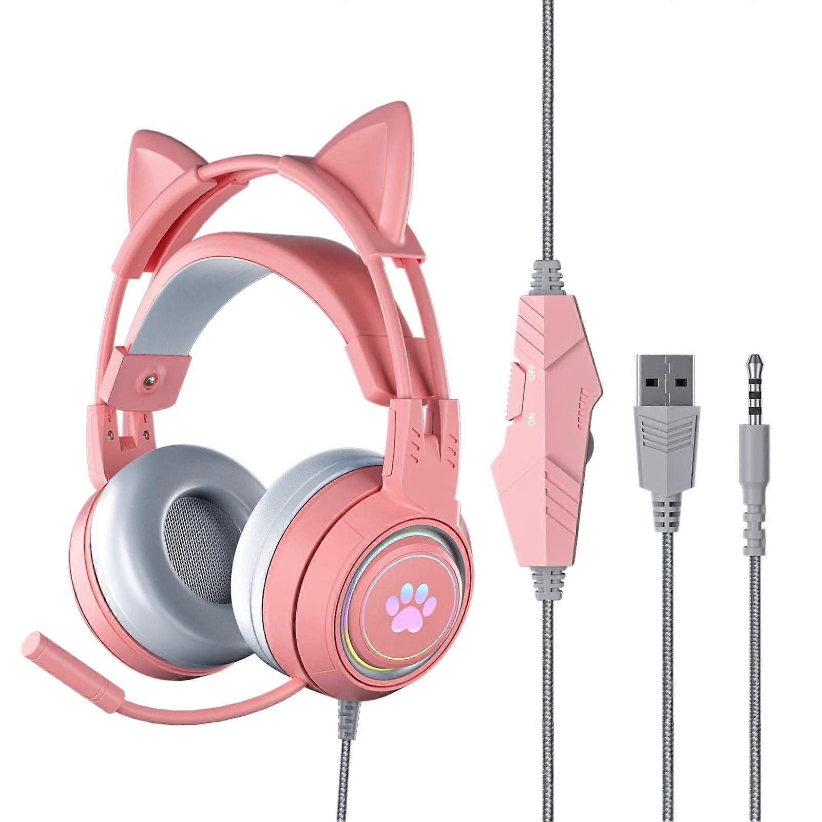 Gaming Headset with Removable Cat Ears, USB and 3.5mm Compatibility, Noise Cancelling Microphone, Pink Headphones for PC and Mobile
