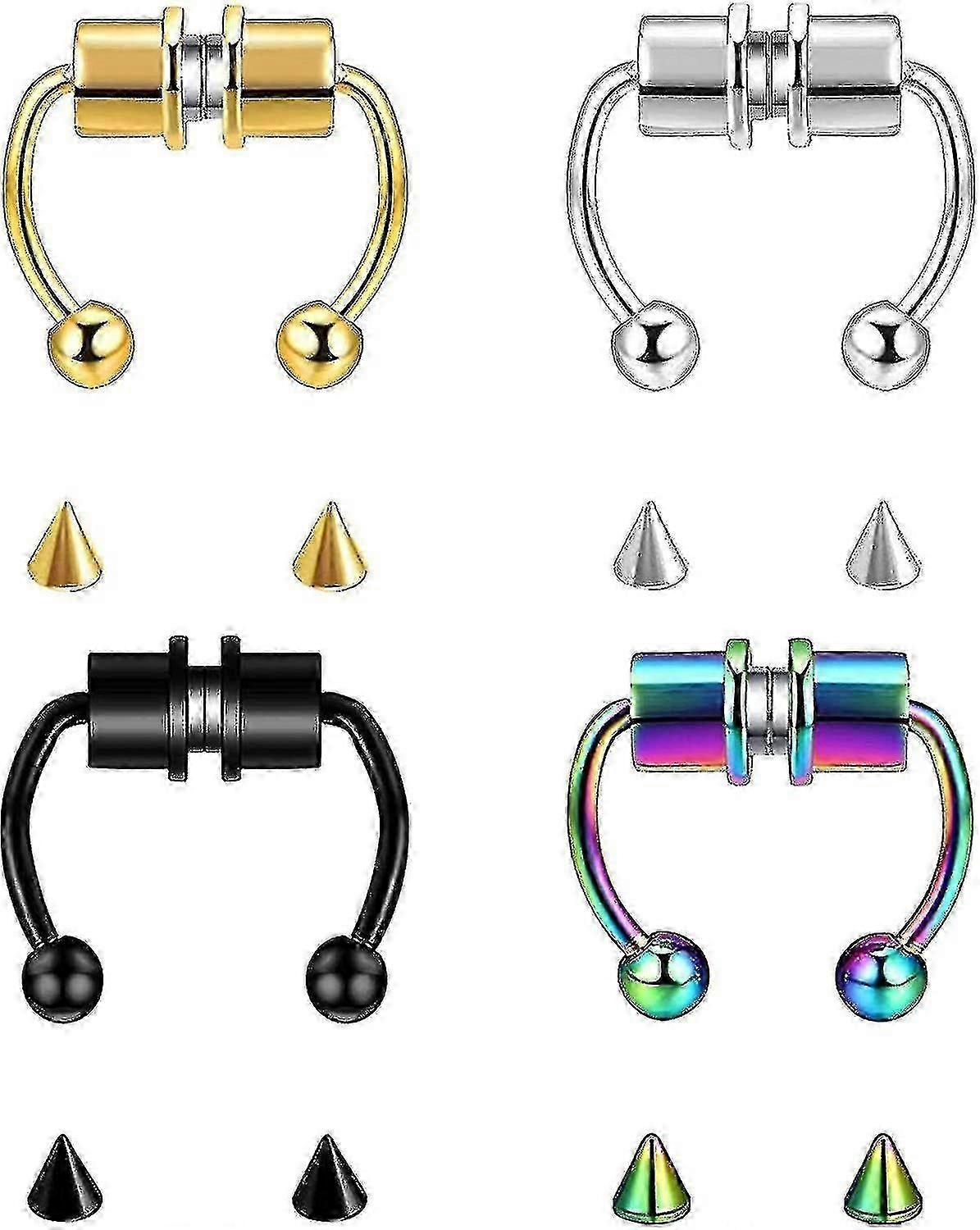 4 stk magnetisk septum næsering, rustfrit stål, falsk septum design til kropspiercing