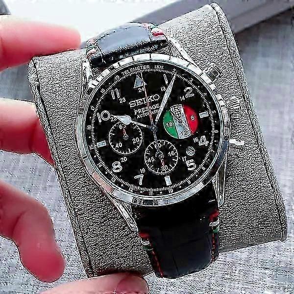 Seiko Montre à quartz décontractée pour hommes Bracelet en cuir Cadran noir et blanc Date automatique Minuterie multifonction Lumineux à six aiguilles