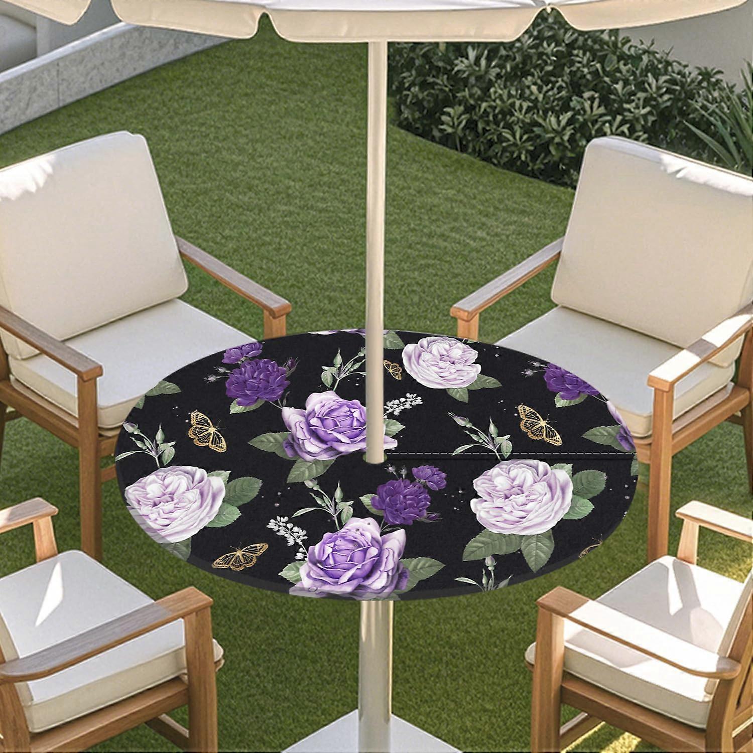 Elastic Edge Round Table Cloth, Wipeable, Parasol Hole, Outdoor Waterproof, 3D Table Cloth, Purple Roses, M 91112 cm