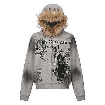 2025 New Men's American Streetwear Hooded Sweatshirt with Fur Collar, Distressed Washed Zip-Up Hoodie, Thick Cotton Oversized Jacket