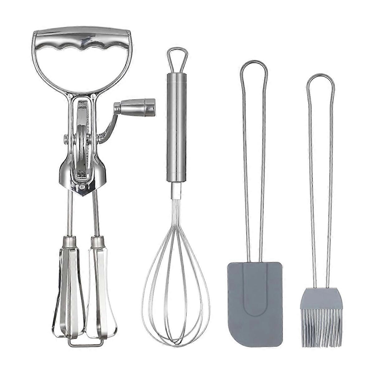 Rotary Egg Beater Set, Manual Rotating Beater with Mixer, Silicone Brush, and Spatula, Double-Head Hand Push Whisk
