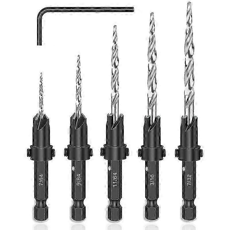 5Pcs 1/4 Inch Hex Shank Countersink Drill Bits HSS Wood Countersink Drill Bit Set with Sma