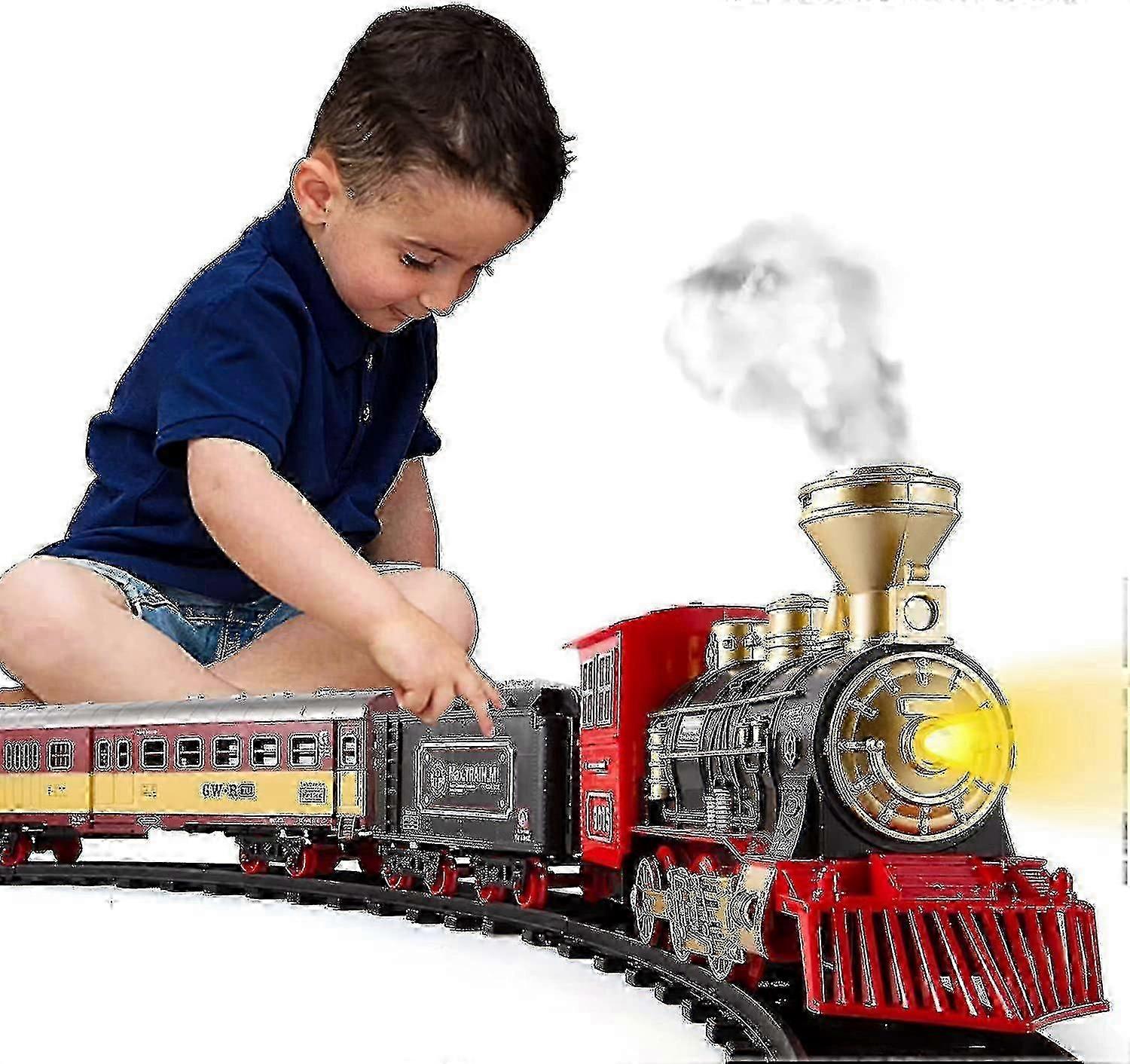 Conjunto de trem para crianças com luzes de fumaça e sons, trem de brinquedo elétrico com locomotiva a vapor EnAA