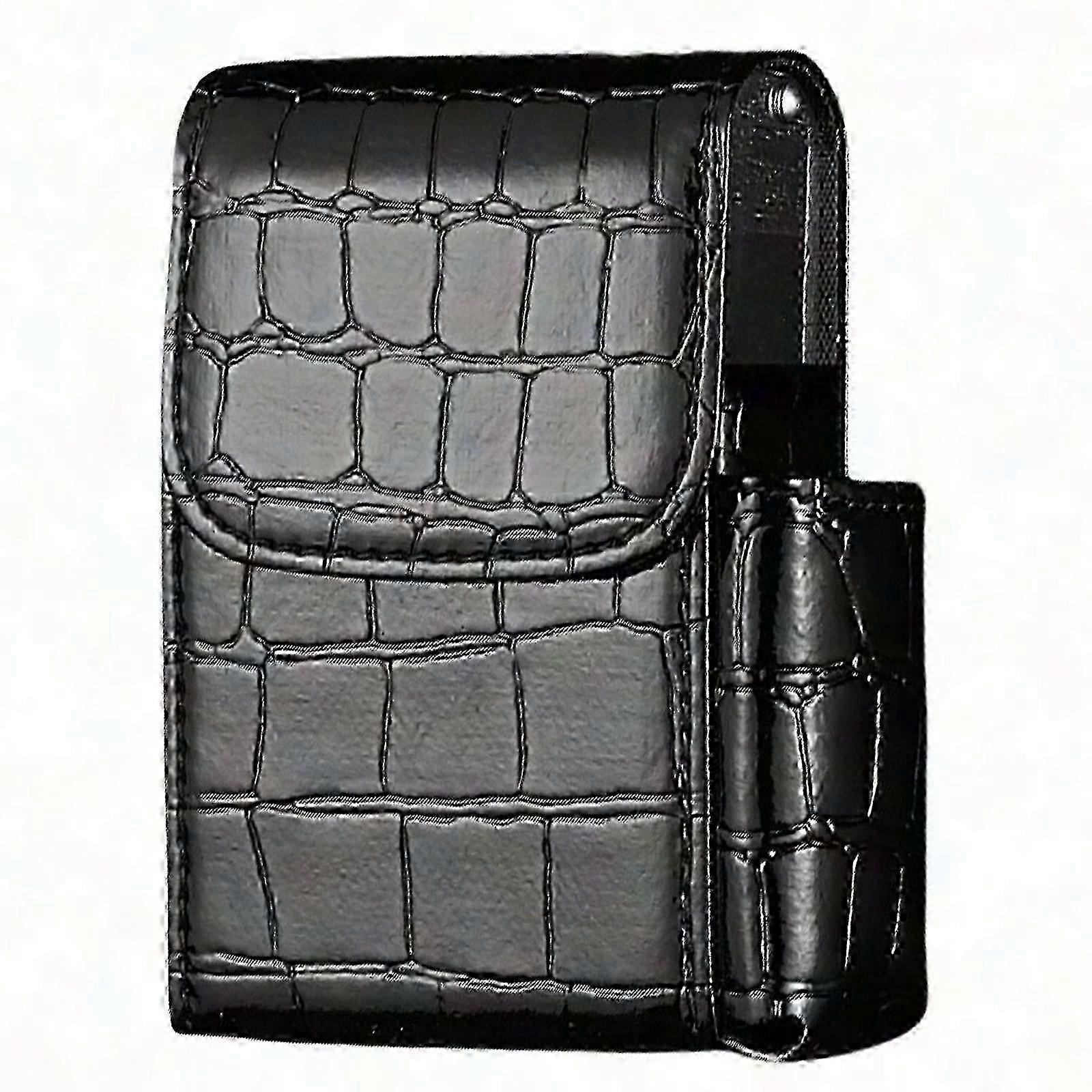 Slim PU Leather Cigarette Case, Black Woven Design with a Built-in Lighter Holder