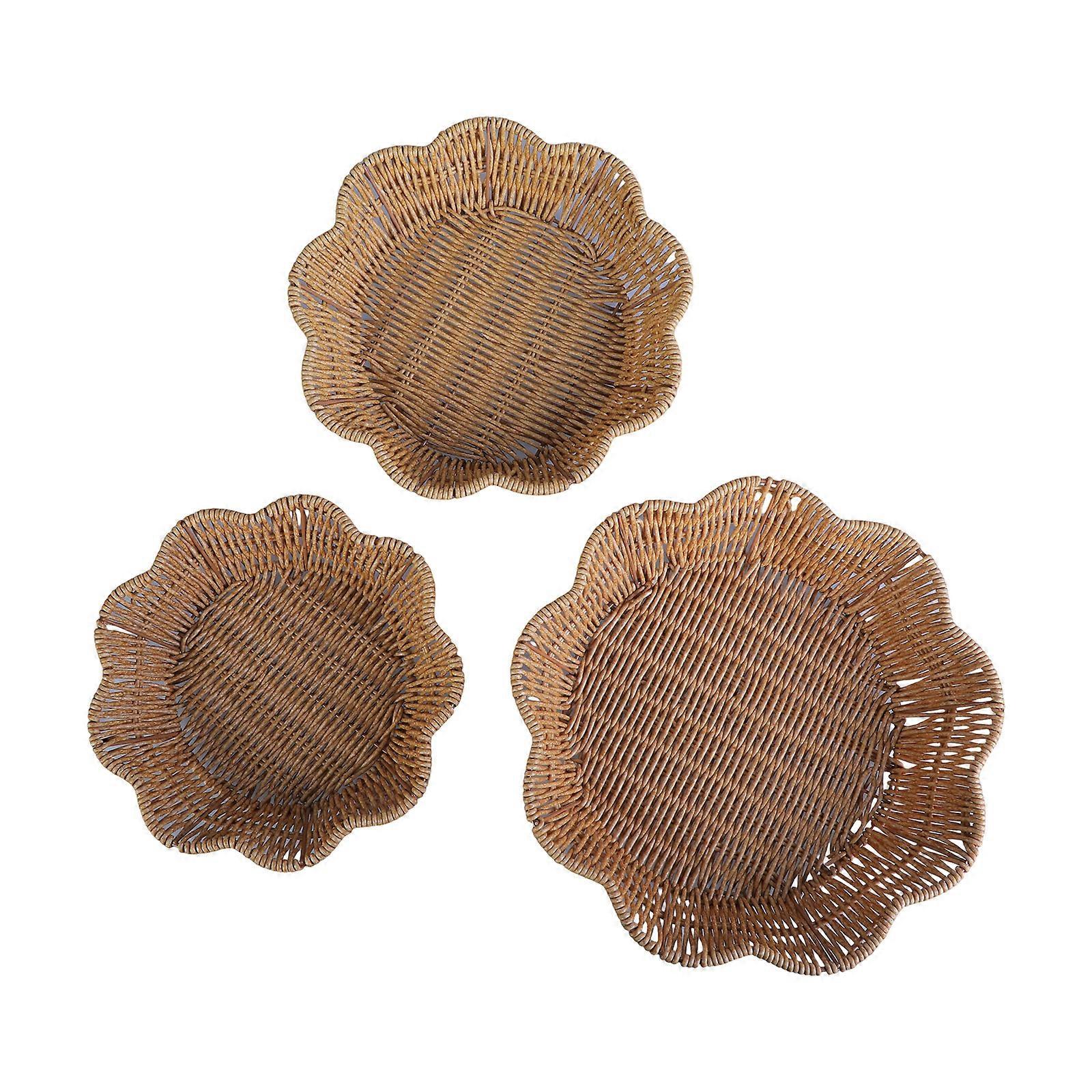 3pcs Round Shaped Snacks Plate Decorative Imitation Rattan Woven Fruit Basket for Desktop Multipurpose Bread Serving Tray Multicolor