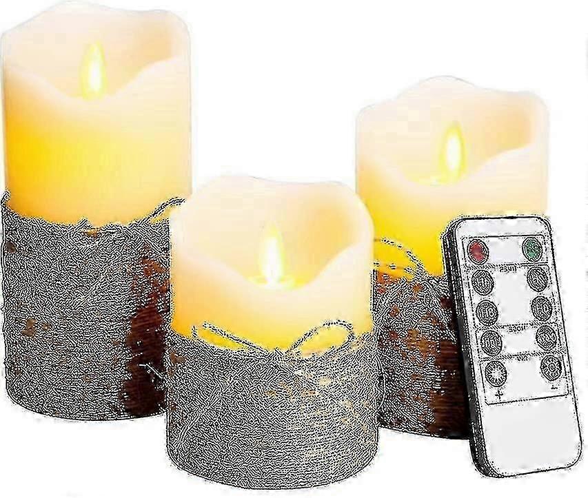 Set Of 3 Hemp Rope Led Flameless Candles Battery Operated With Remote Control Real Wax Flickering Mo