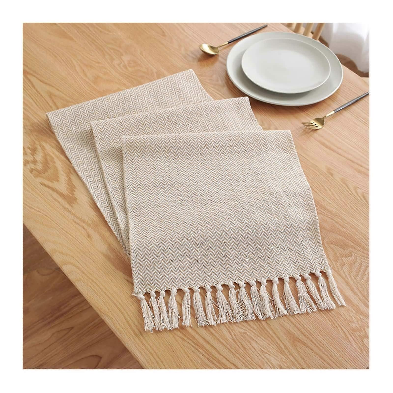 Small Table Runner Rectangle 33x200CM, Cotton Linen, Beige Stripes, Style 1