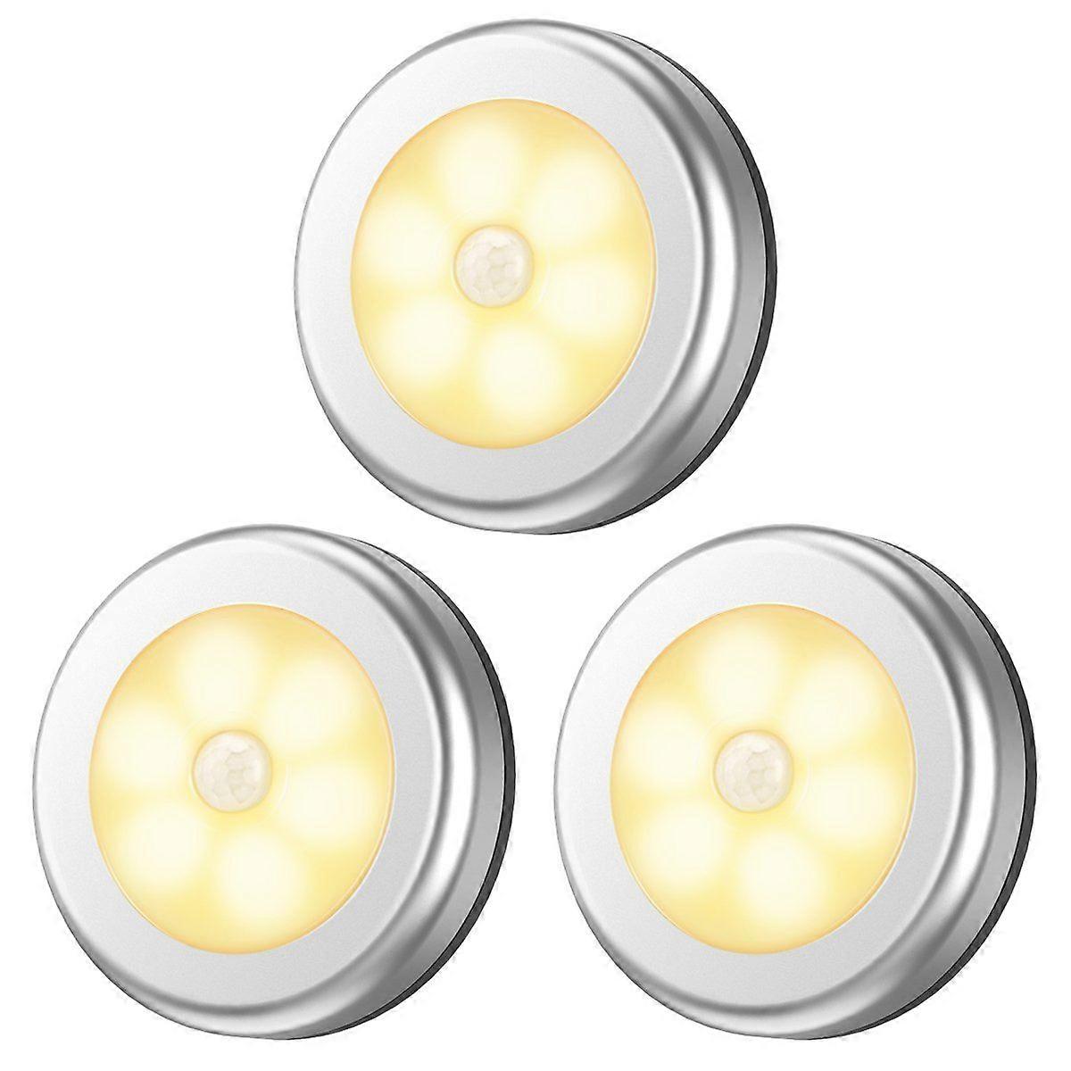 3pices LED Night Lamp Human Body Induction Battery Powered Round Shape High Brightness Easy to Install Illumination ABS Motion Sensor LED Lamp Bedside