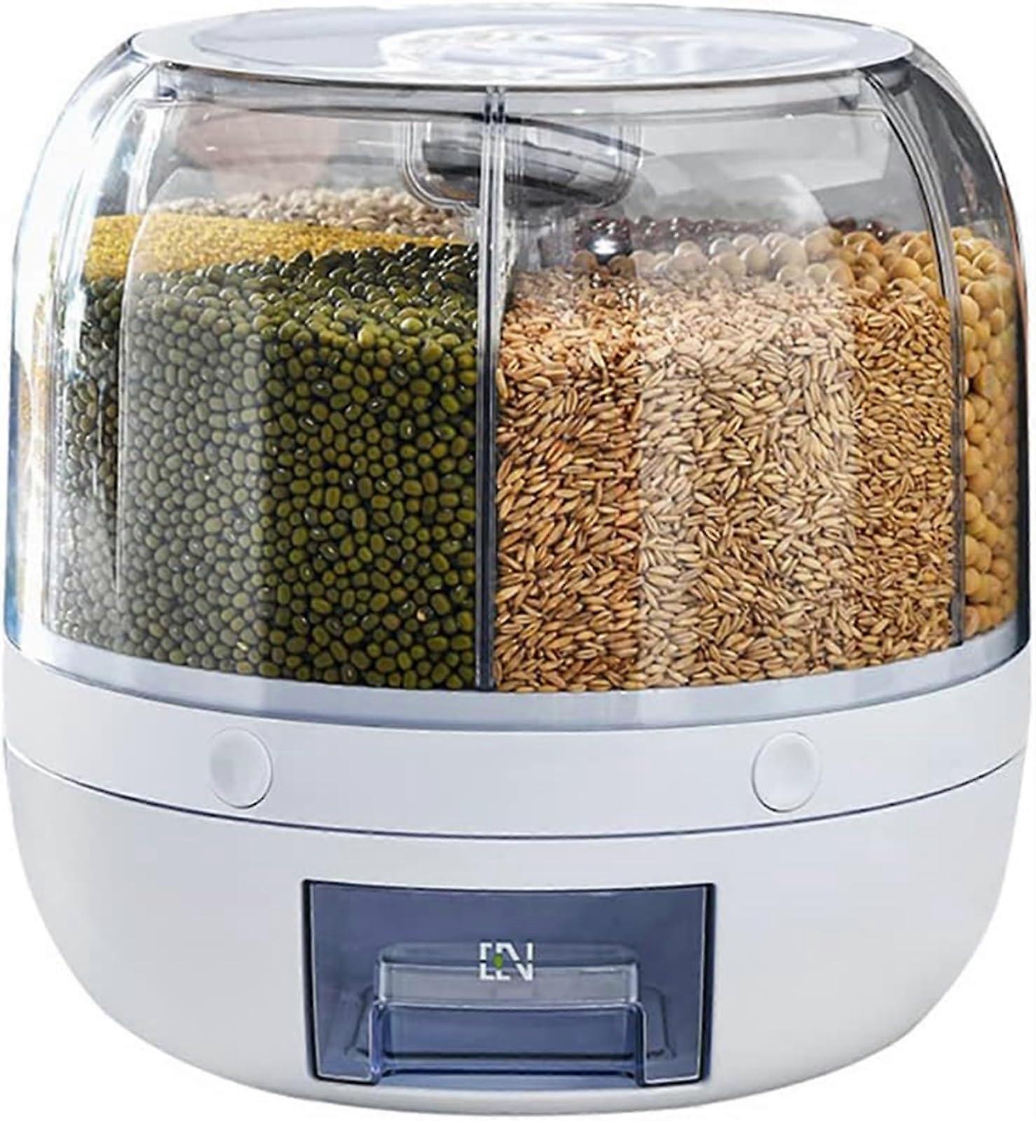 3/6kg Food Storage Container, 6Grid Round Dispenser, 360Degree Rotating Rice Mung Beans, MoistureProof, White, 3kg