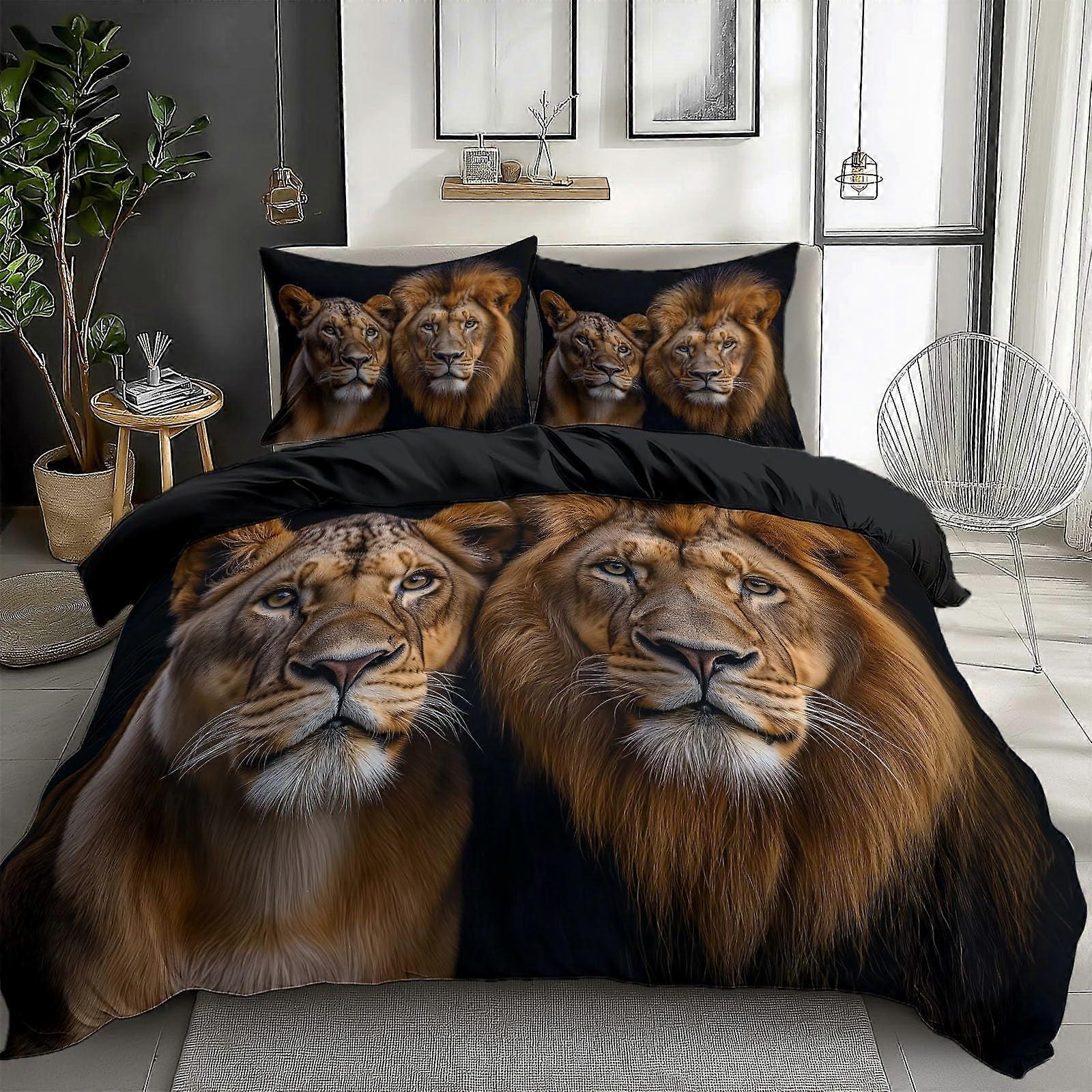 King Size Lion Print Duvet Cover Set, Reversible Soft Microfiber Bedding with Hidden Zipper Closure