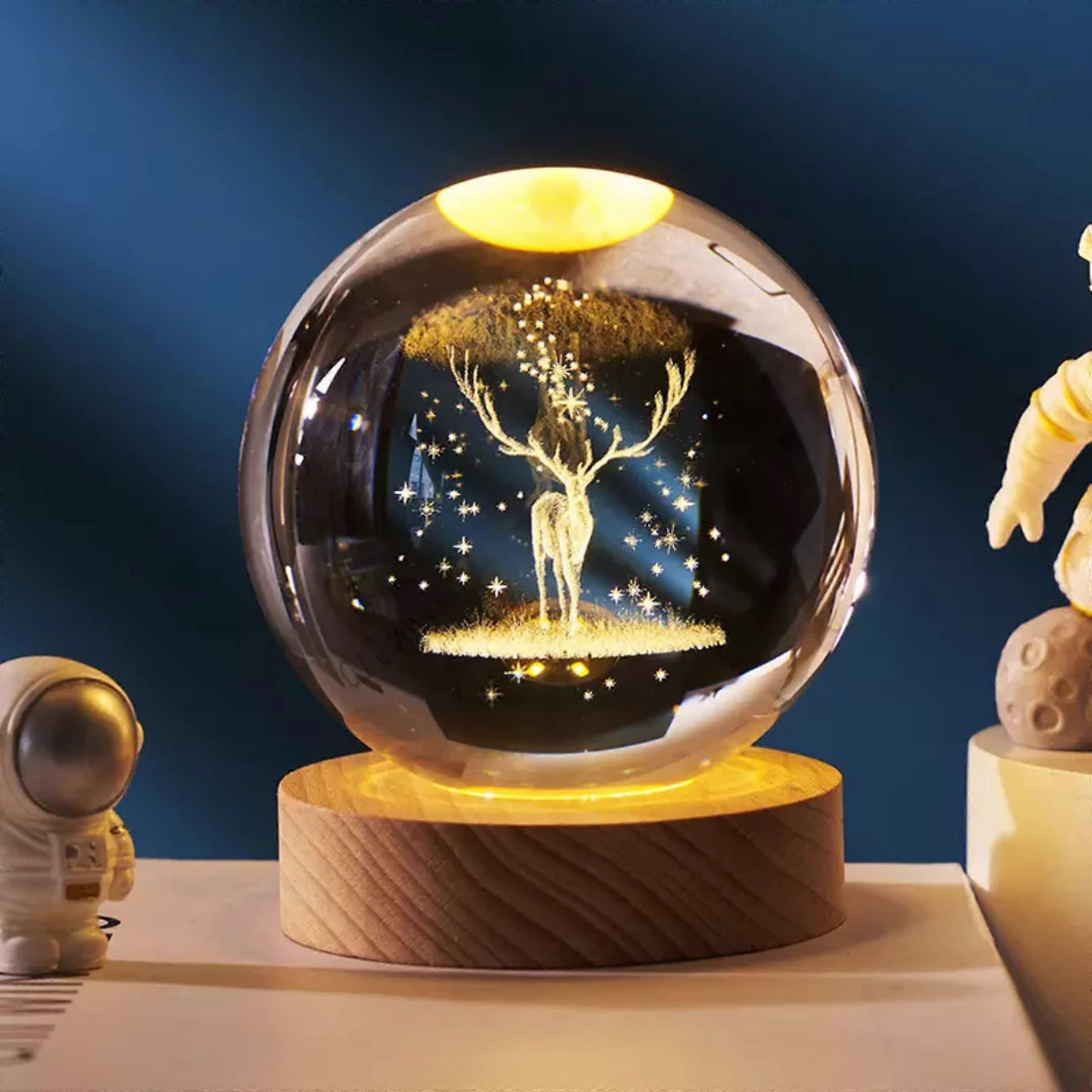 LED Crystal Ball Lamp with 3D Laser Engraved Reindeer, USB Powered Globe Light for Christmas Gift
