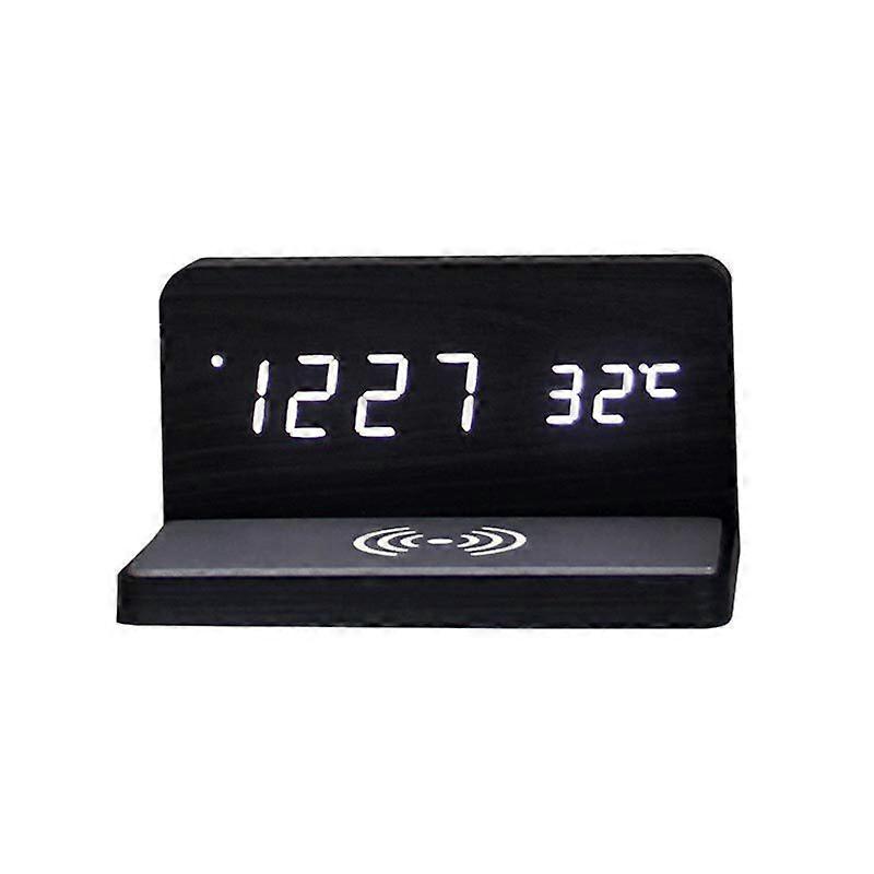 10W LED Wireless Charging Alarm Electronic Clock Thermometer-Black
