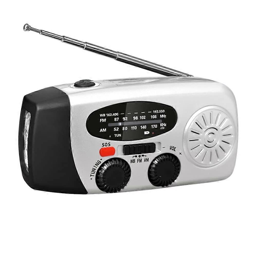 Emergency Hand Crank Solar Weather Radio with Flashlight and Power Bank Light Gray for Storms