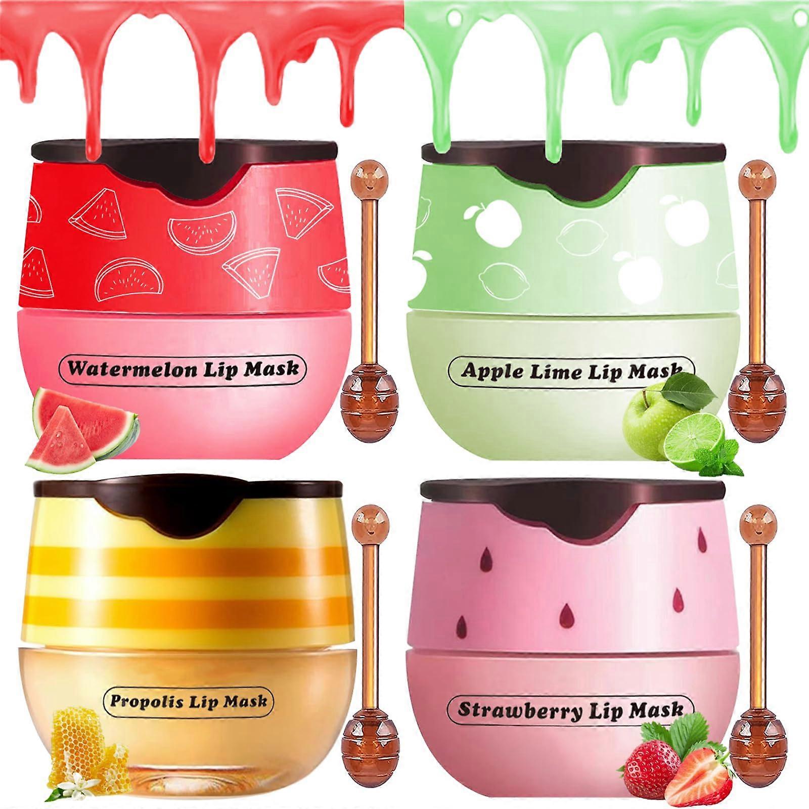 Honey Lip Balm Pot Set 4pcs Moisturizing Propolis Formula with Applicator for Dry Lips