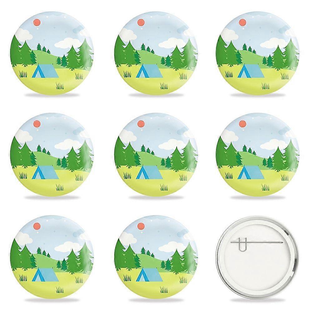 Tinplate Brooch with Plastic Bottom Iron Pin Flat Round Colorful Tree Pattern 58x4mm 9pcs/set