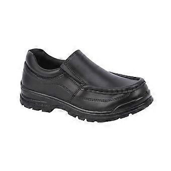 Kids Boys Black Slip On School Shoes Twin Gusset Smart Formal PU Trainers