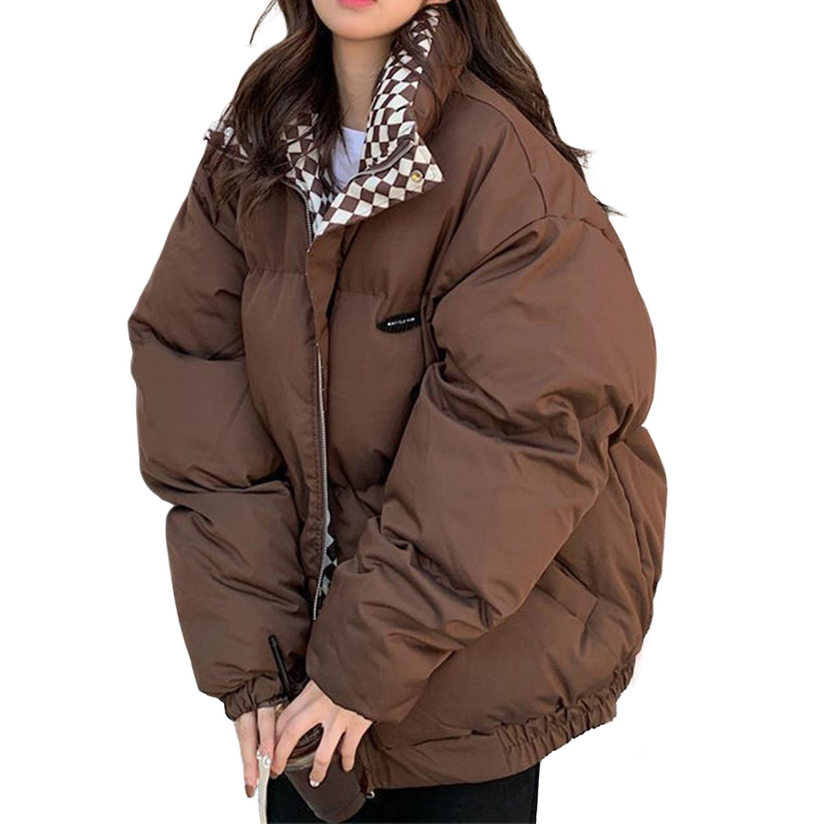 Women's Simple Style Winter Jacket Zip Up Checkered Short Bubble Down Coat Suitable For Going Shopping Wearing