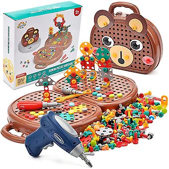 Creatividad Caja de herramientas Taladro Diseño Puzzle Construcciones Juguetes, 203pcs Mosaico Puzzle Toy, marrón