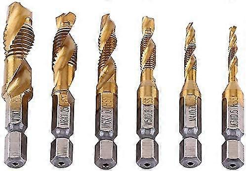 Combination Drill And Tap Bit Set Of 6 Pcs Fractional With 1/4" Hex Shank And Spiral Flute Tapping Tool Set (m3-m10,gold)