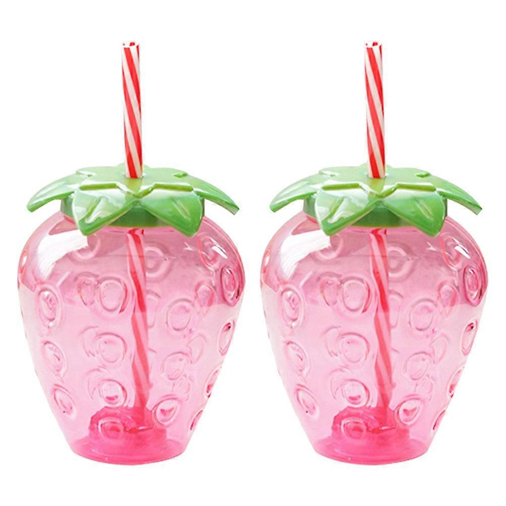 2Pcs Clear PP Mugs with Lid and Straw Lovely Strawberry Pattern Drinking Cups