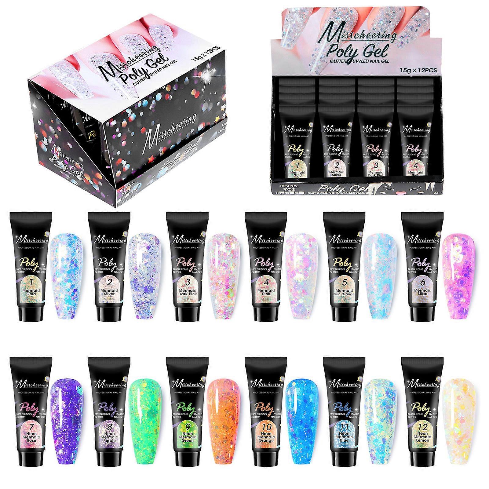 12 PCS Poly Nail Extension Gel Kit Glow-in-the-dark Solid Color Laser Gel Nail Art Design Beginner Kit