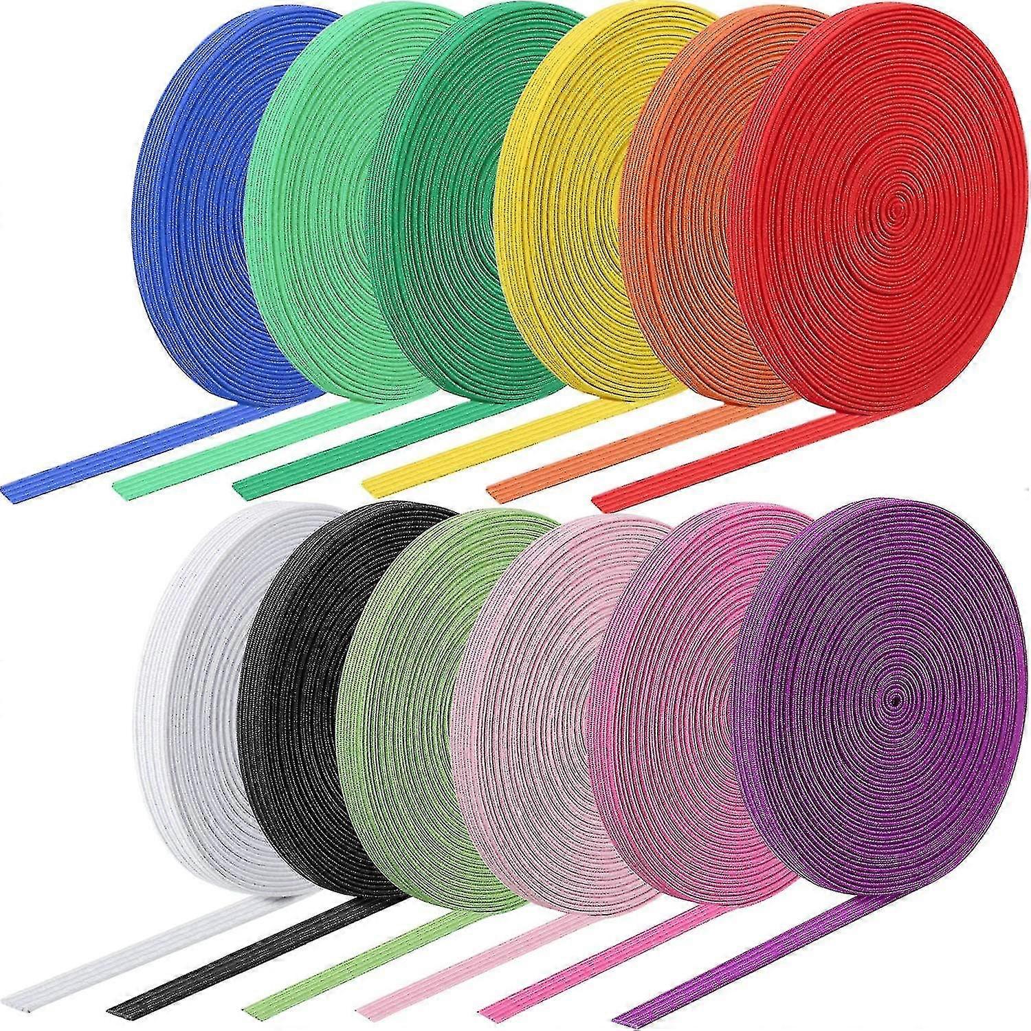12 لفات أشرطة مرنة ملونة أضعاف على حبل مرن الحبل المرن حزام مطاطي ثقيل المرونة متماسكة شريط مطاطي مسطح للخياطة الحرف اليدوية DIY ، Bedspr