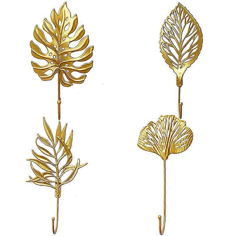 Metal leaf hook, decorative hook, storage rack coat and hat hook 4-piece set, gold
