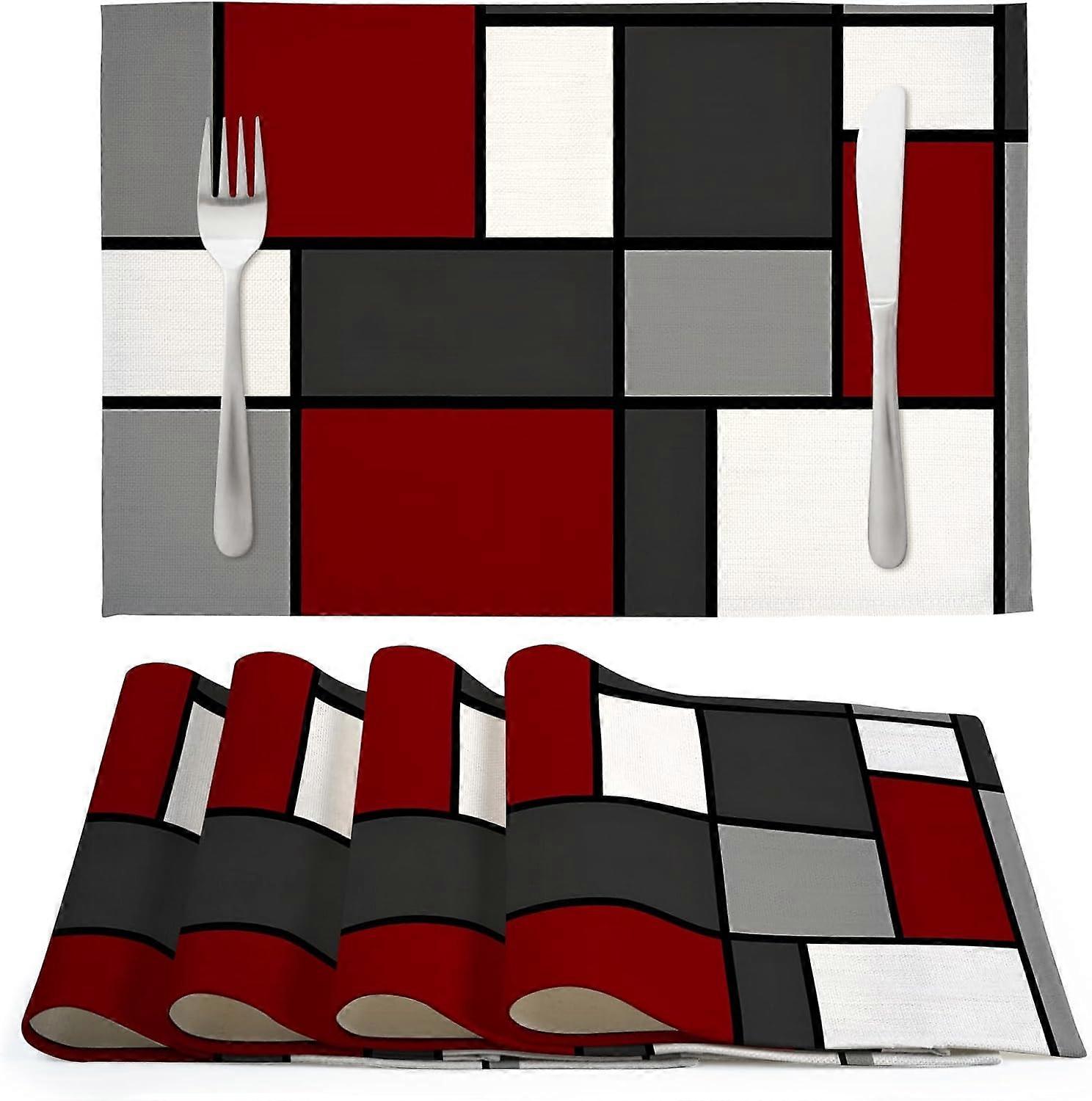 Abstract Geometric Placemats Set of 4, 12x18 Inch Art Red Black Grey Table Place Mats for Table Party Kitchen Dining Decoration