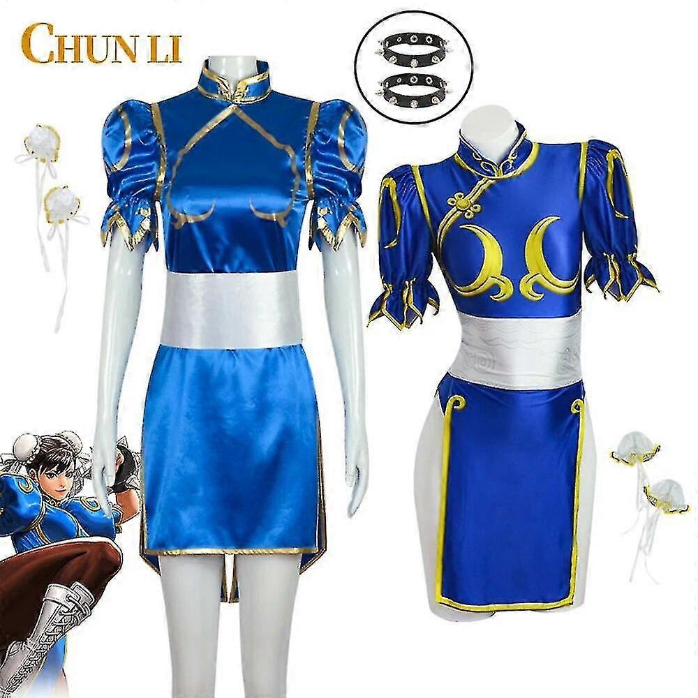 Παιχνίδια Sutorito Faita Chun Li Cosplay Κοστούμι Μπλε Cheongsam φόρεμα Ζώνη Καλύμματα κεφαλής Στολή Ρούχα Απόκριες Πάρτι Y