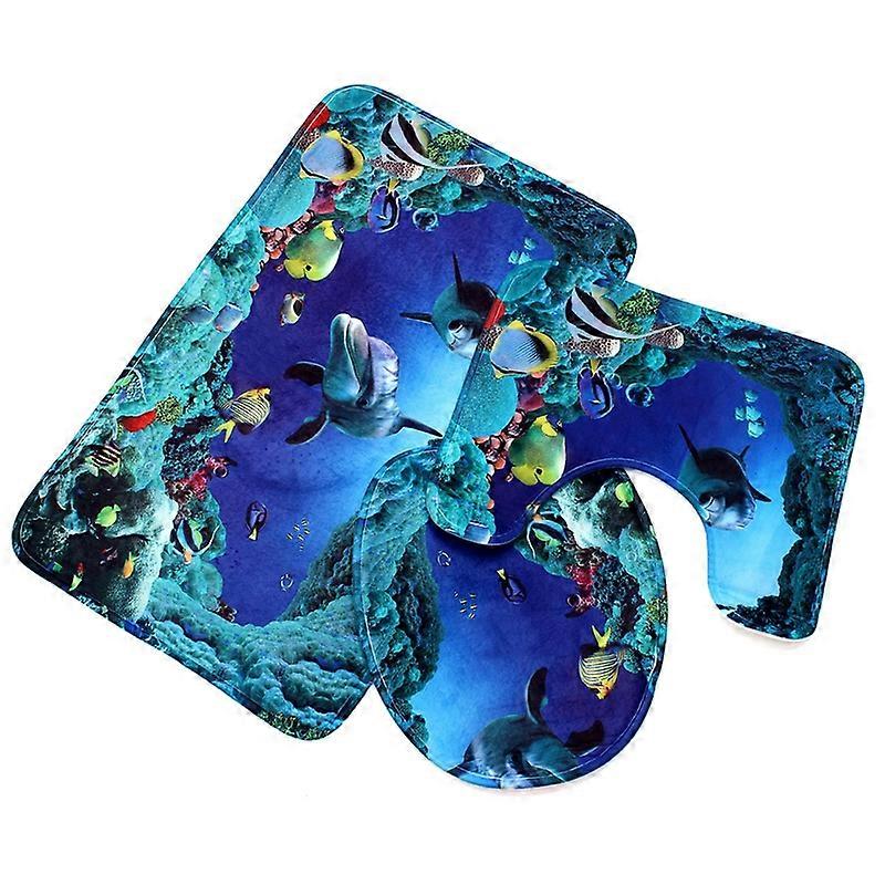 3Pcs Blue Ocean Dolphin Bathroom Cover Bath Mat Set