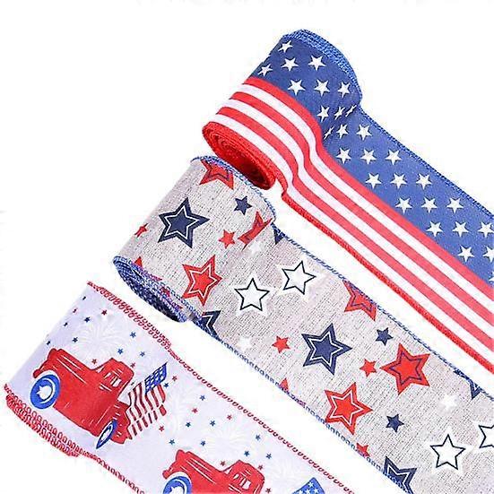 1/3Roll American Flag Ribbon Double Star Ribbon Striped Wired Package Sided Red 4th of