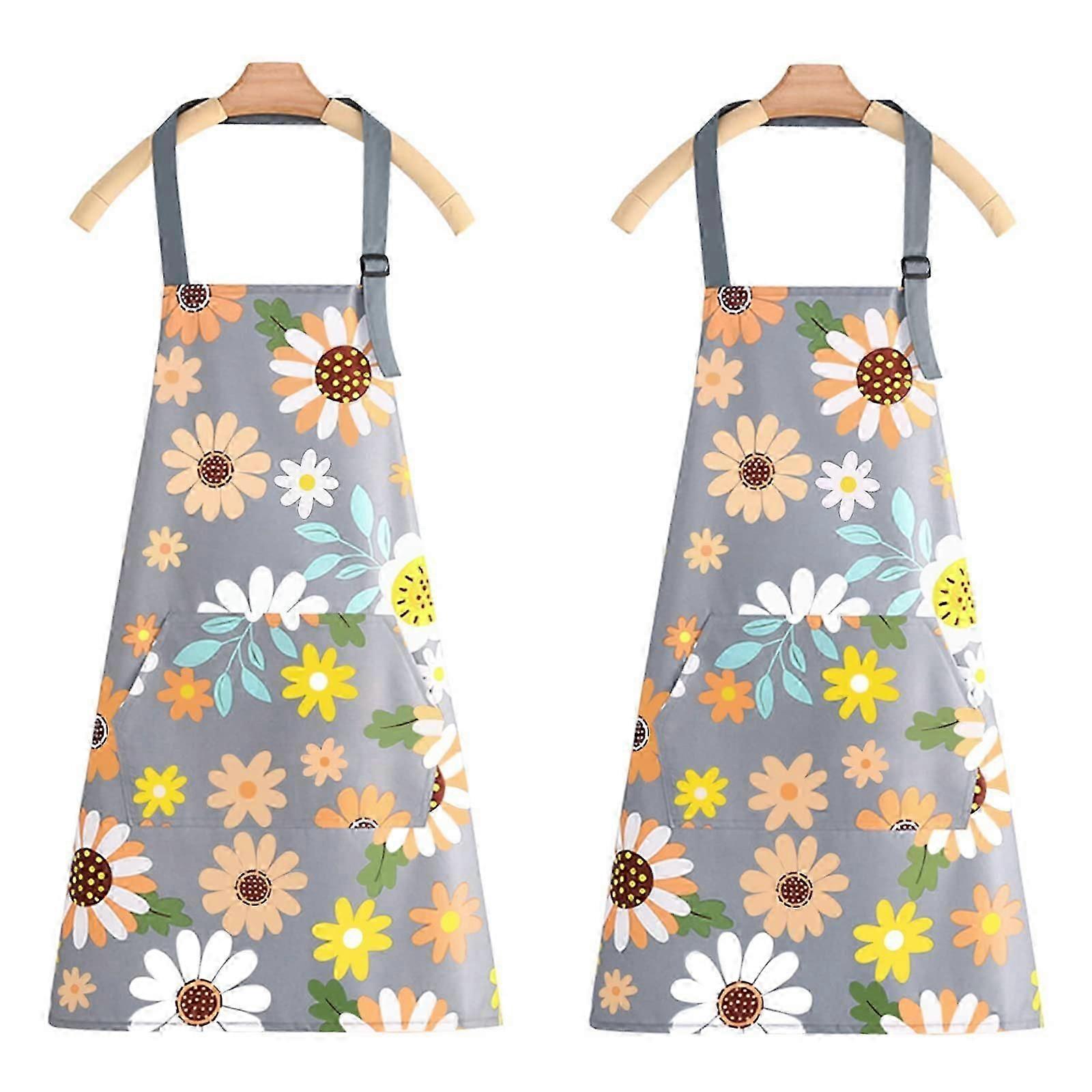 Waterproof Kitchen Aprons,2 Pack Floral Aprons with Pockets