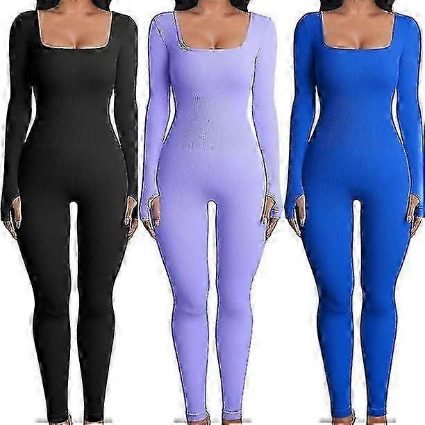Women Jumpsuits Workout Ribbed Sleeve Sport Jumpsuits XL Blue