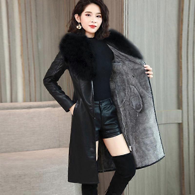 Women's Leather Jacket Winter Women's Coat with Fur Fox Collar Warm Slim Plus Size Coat