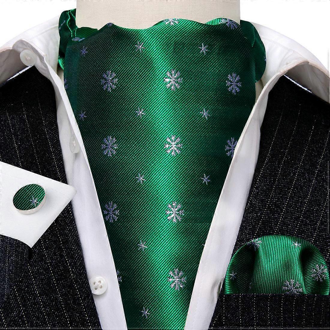 Christmas Cravat Tie for Men Satin Snowflake Pattern Ascot Tie Pocket Square Cufflinks Set Xmas Gift