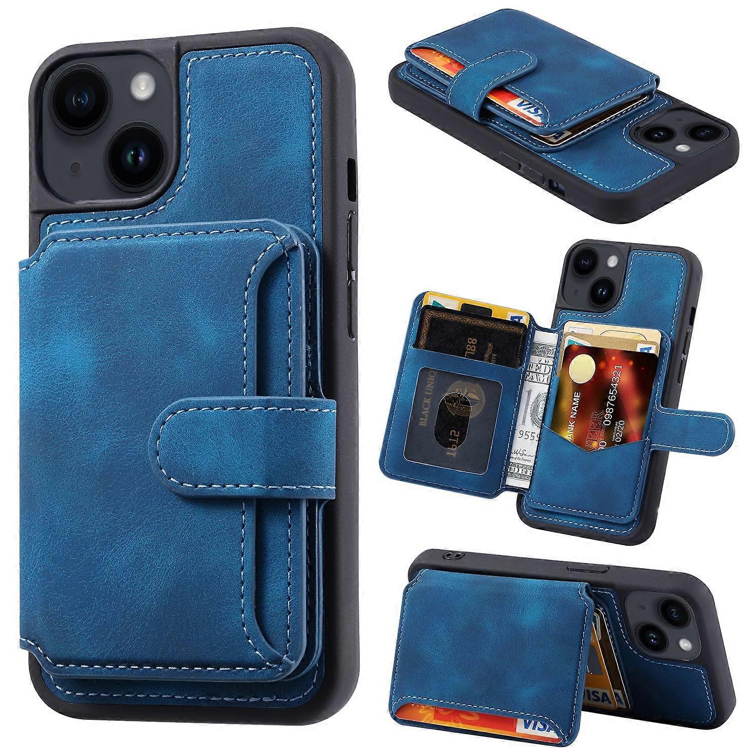 RFID Blocking Phone Case for iPhone 13,Wallet Kickstand Leather Coated TPU Back Cover - Navy Blue
