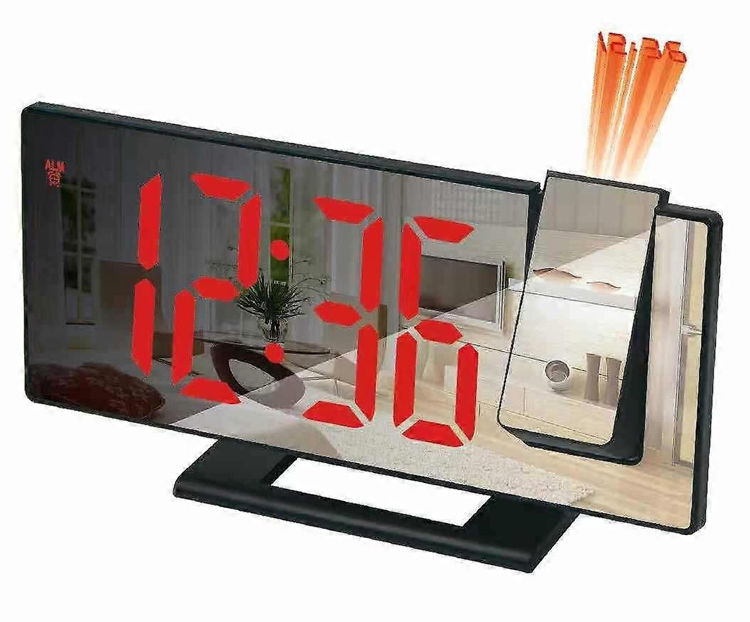 (Black Case with Red Text) Projector Alarm Clock, 180 Projection Alarm Clock, Digital Clock with LED Mirror Screen, USB Port, Snooze, 4 Brightness L
