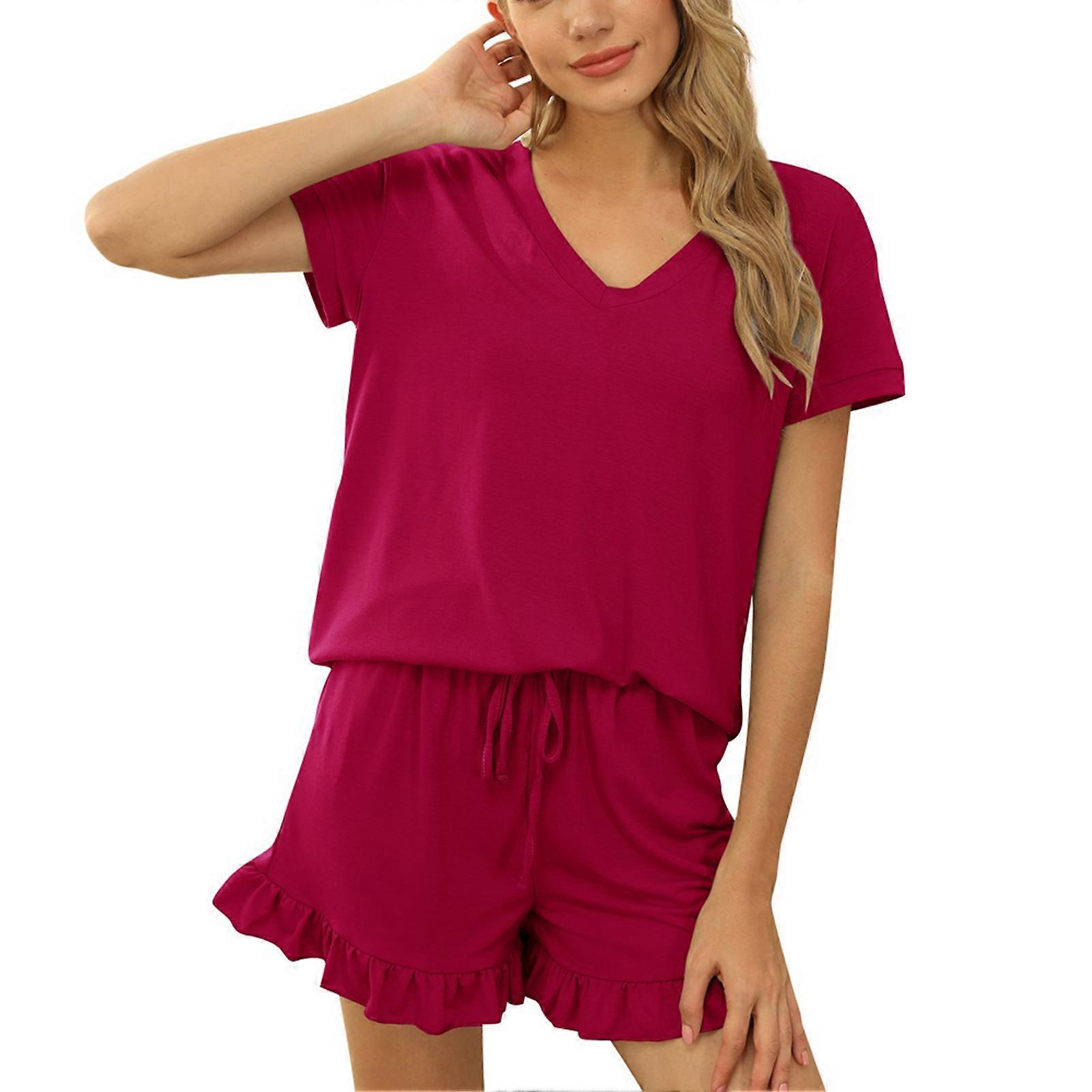 Women Short Sleeve Pajama Casual V Neck 2 Piece Lounge Set with Elastic Drawstring for Spring Summer