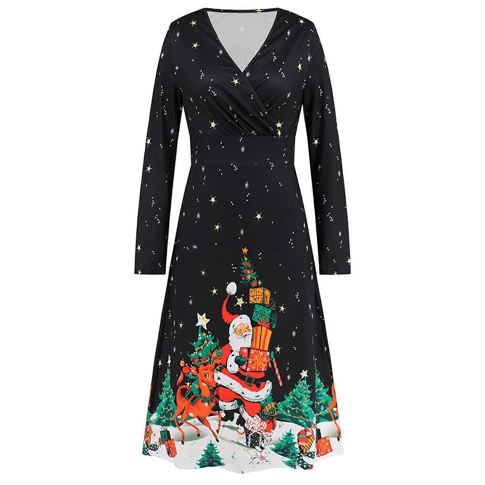 Christmas Dresses Cute Winter Themed Dresses Instant Holiday Outfits Long  Sleeve V Neck Christmas Printed Midi Dress hei2 S | Fruugo UK