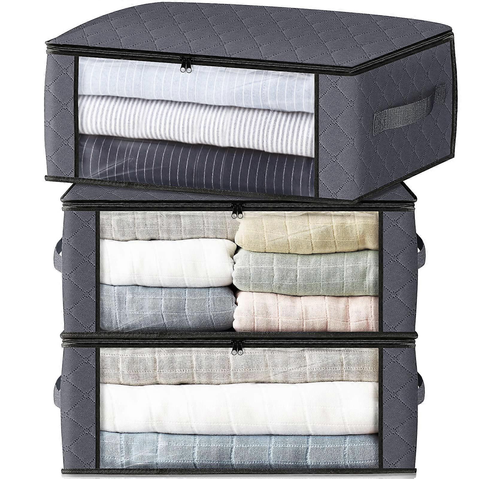 Storage Bags 3-Pack Clothes Organizer Foldable 35L Closet Dorm Box With Large Clear Window And Sturdy Handles Gray