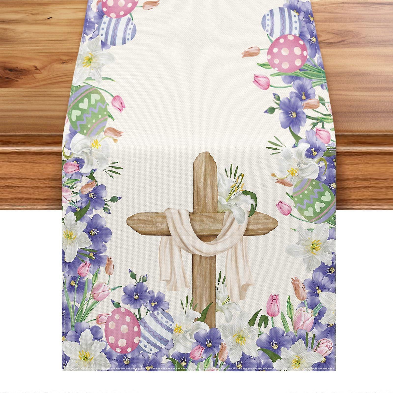 Resurrected Tablecloth Easter Eggs Christian Cross Lily Flowers 13 x 72 Inches Spring Resurrection Decor For Home