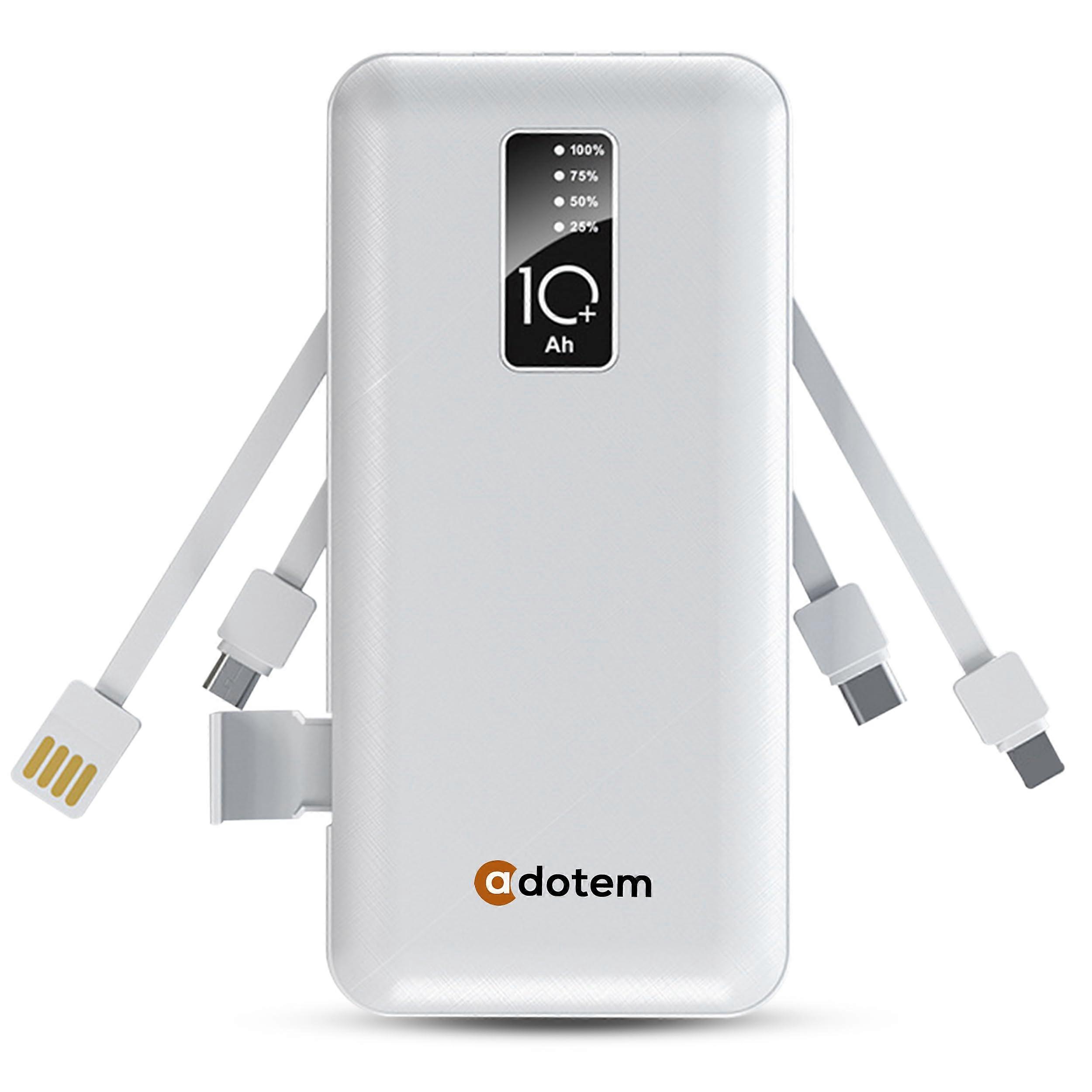 Charger Power Bank with iOS, TypeC, USB, Micro Charging Cables  10000mAh (White)