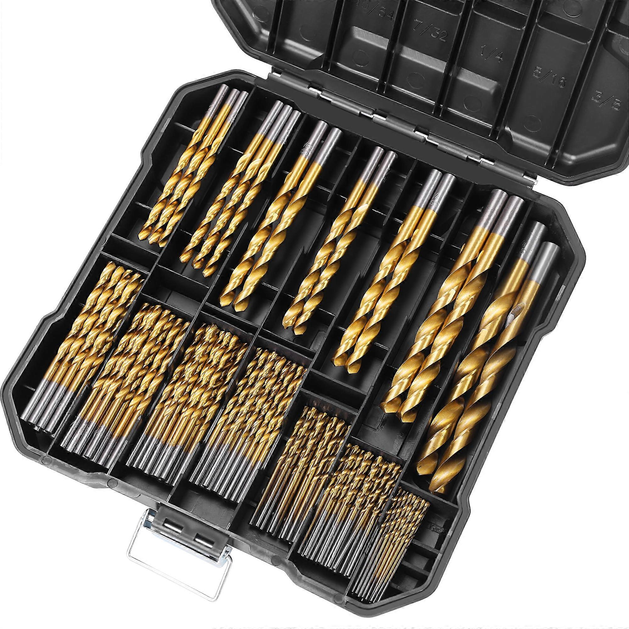 99PC Drill Bit Set, 135° Tip Titanium Coated High Speed Steel Twist Bits for Wood, Metal, and Plastic