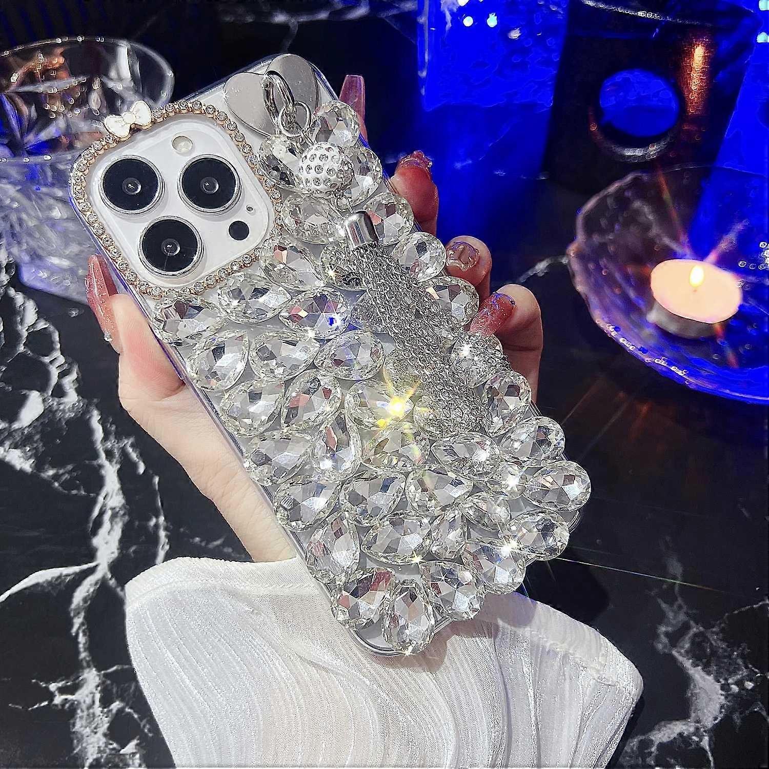 For iPhone 16 Pro Max Case with Tassel Glass Rhinestone Decor TPU Phone Back Cover - White