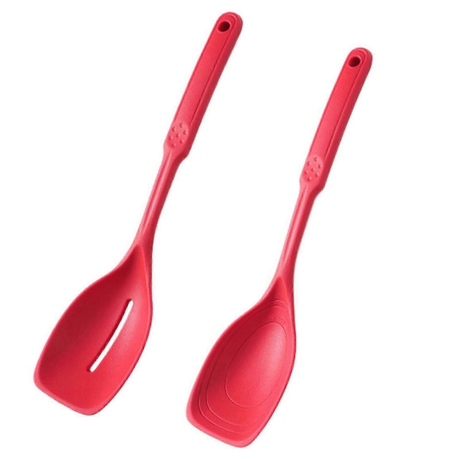 2Pcs/Set Large Silicone Cooking Spoon Spatula Kit Non-Stick Slotted Solid Spoon Set Hanging Hole Des