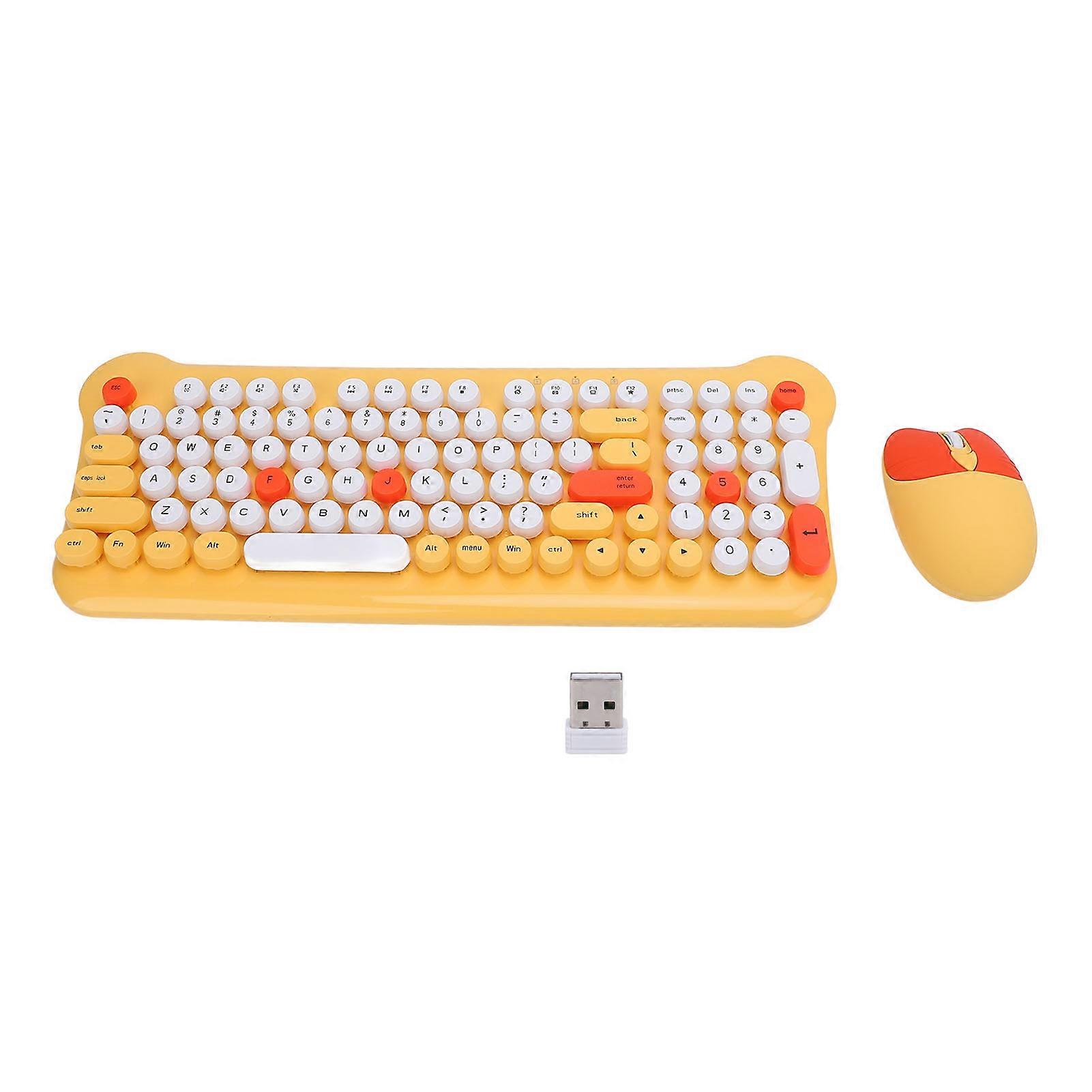 Wireless Keyboard and Mouse Combo 2.4G Retro Round Keycaps 98 Keys for PC Laptop Yellow