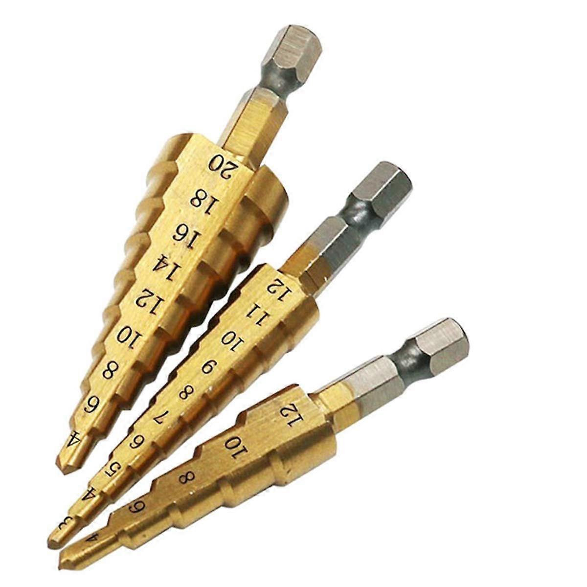 3-Piece Alloy Drill Bit Set, Titanium-Coated Hex Drill Bits For Taper Hole Cutter, Sizes 4-12-20-32 Millimeters