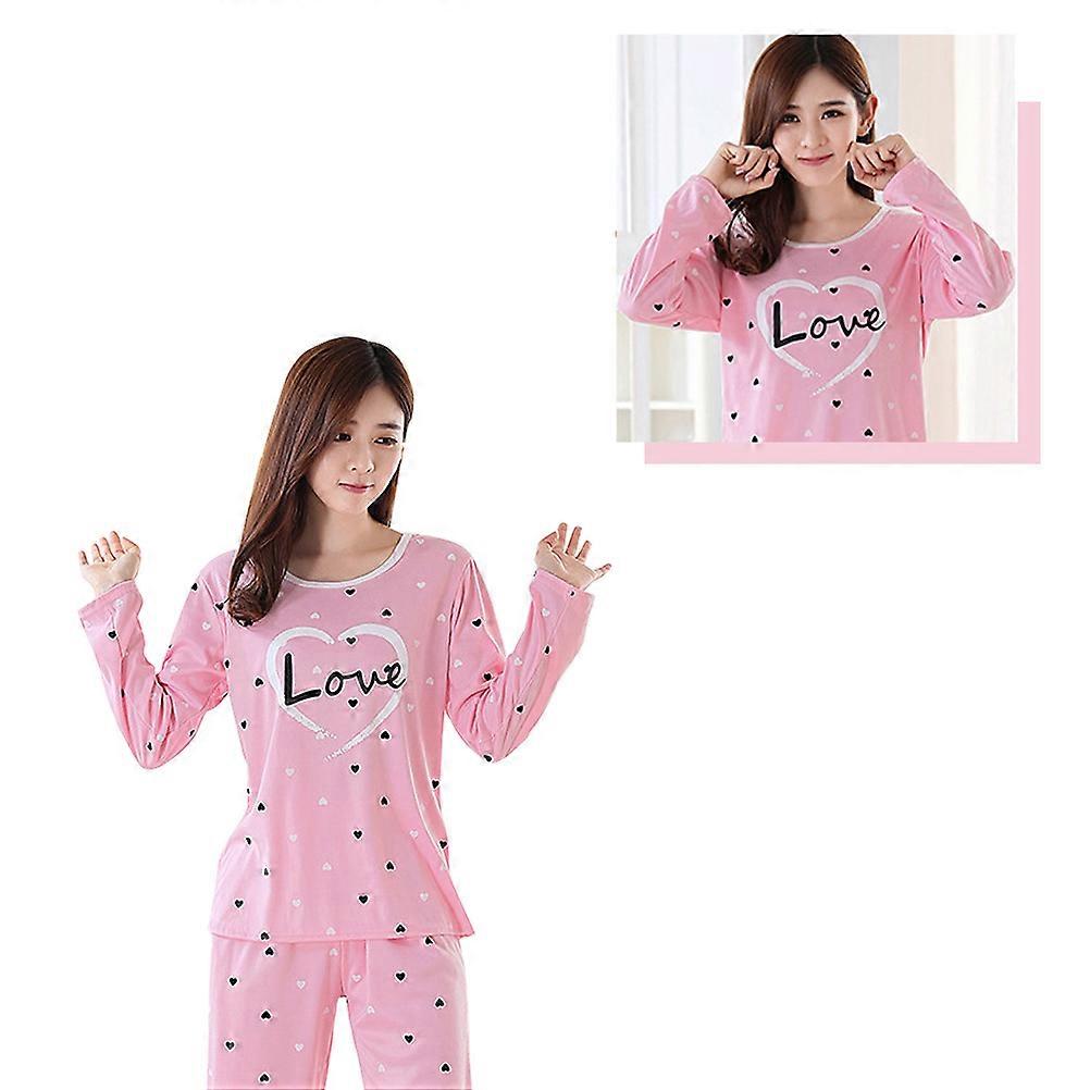 مجموعة بيجامات قطن للسيدات بيجامة بأكمام طويلة الكرتون ملابس نوم الخريف نوم مريح للنساء XXL وردي 1 مجموعة