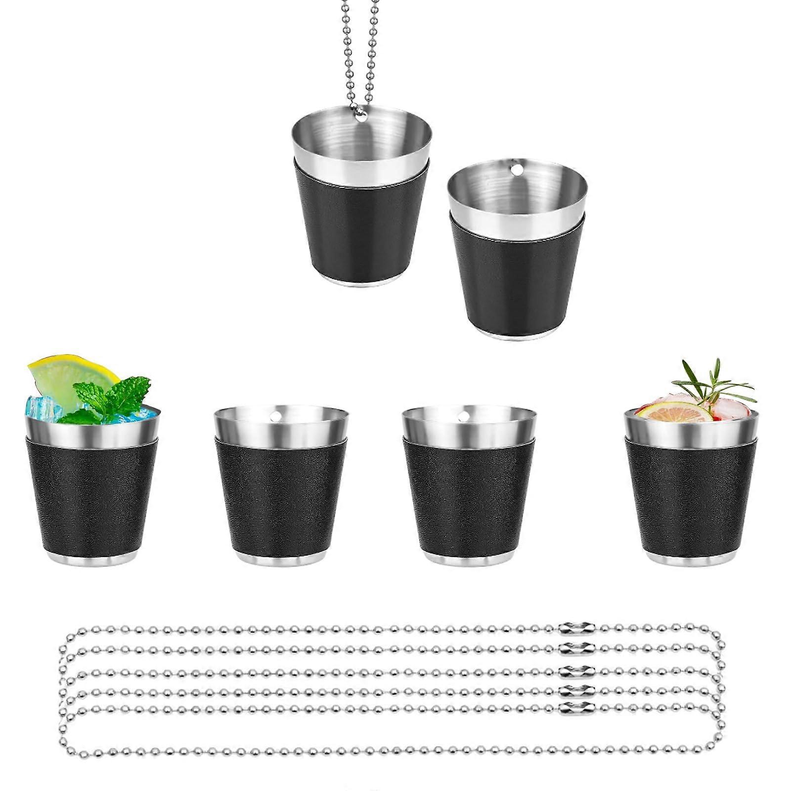Shot Glasses Metal Cups For Hanging - Set Of 6, 30 mL Each, Black With Chain, Hanging Shot Glasses For Party